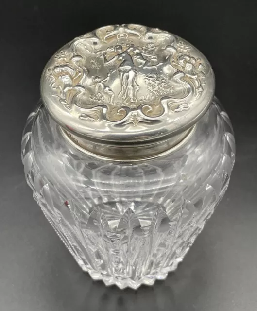 Unusual Wallace Irian Pattern Sterling Silver Topped  Cut Glass Tea Caddy Jar