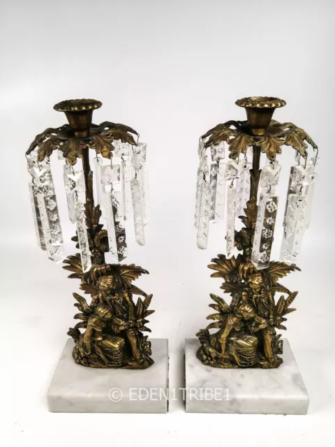 Pair of Antique Mid Victorian Girandole Brass Crystal Couple Garden Candlestick
