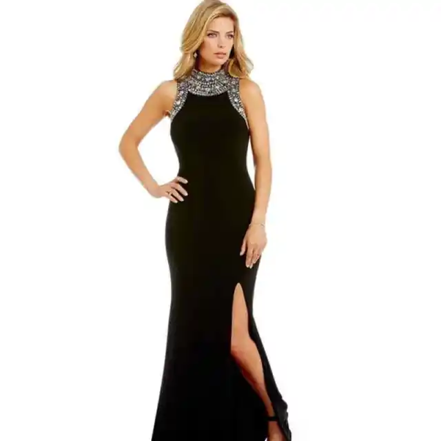 Aqua Dresses Beaded Mock Neck Sleeveless Gown