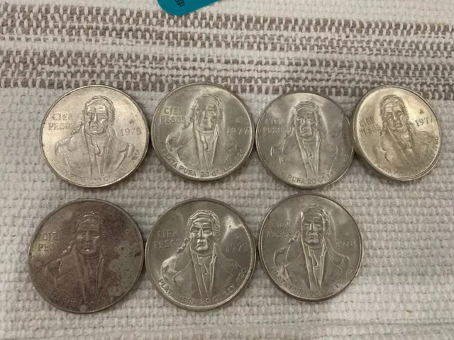 Low Mintage 1977 and 1978 Cien Pesos.720 Silver Mexican Coin UN Lot OF 8 coins.