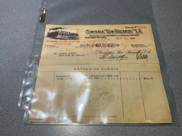 1954 BACARDI RUM ENGRAVED Cheque PAYMENT ADVERTISEMENT CARNIVAL CELEBRATION 1954