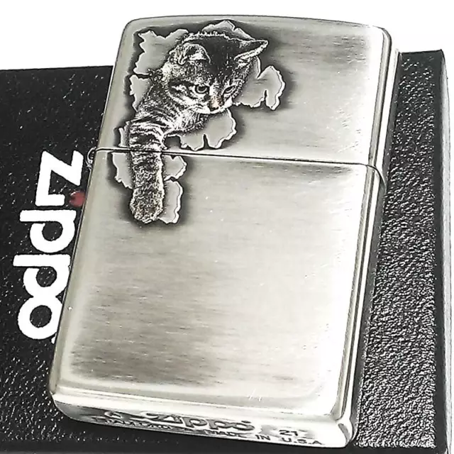 Zippo Oil Lighter Cat Po Three Dimensional Silver Etching Regular Case Japan