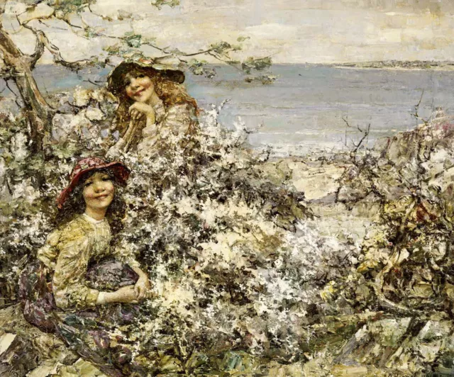 Edward Atkinson Hornel "Two Girls Among Blossom, Brighouse Bay" picking flowers