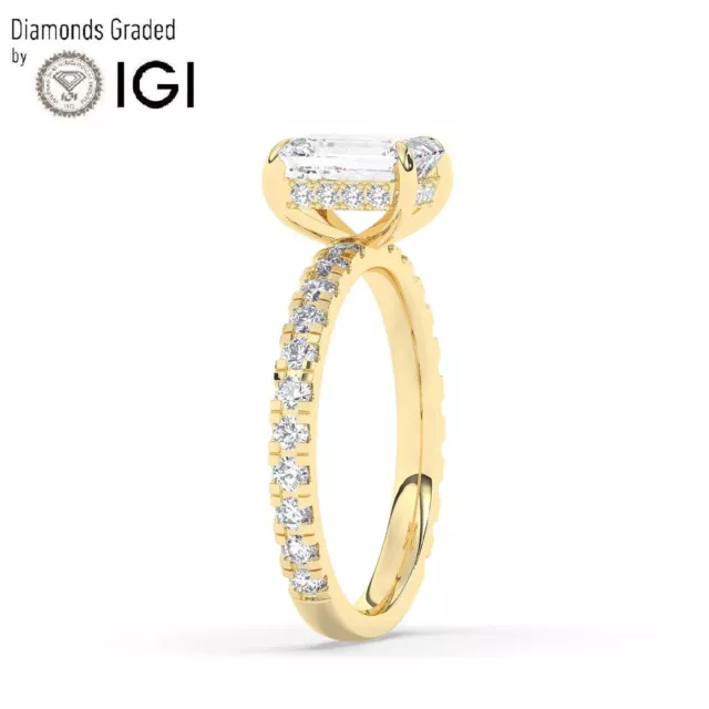 IGI, Emerald Cut Lab-Grown Diamond Hidden Halo Engagement Ring ,18K Yellow Gold