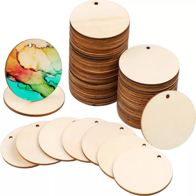 100 Pieces Unfinished Round Wooden Circles With Holes Round Wood Discs For Craft