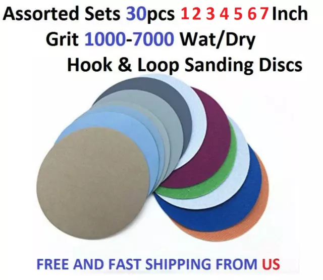 Assorted Set 30pcs 1 2 3 4 5 6 7" Grit 1000-7000 Wat/Dry Hook&Loop Sanding Discs