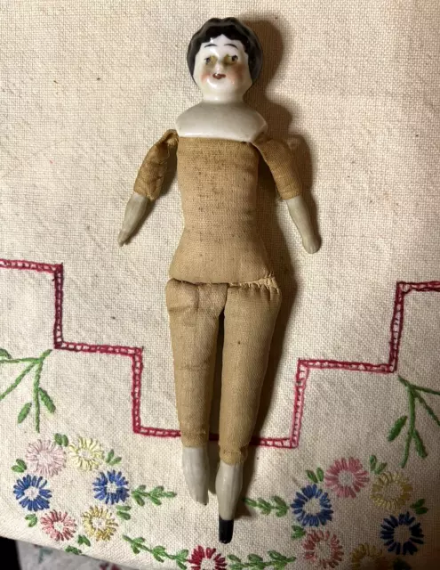 VTG German 6 1/2" China Head Bisque Arms & Legs Doll Original Fabric Body AS-IS