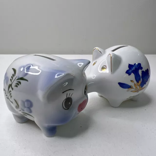 Vintage Lot of 2 Porcelain Ceramic Piggy Bank Pigs Made In Germany White Blue