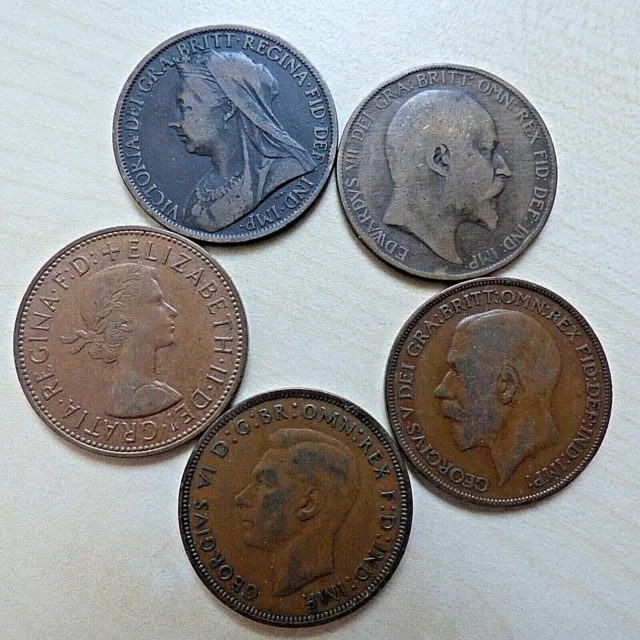 Queen Victoria & Elizabeth II King Edward VII, George V & George VI 1 Penny Set