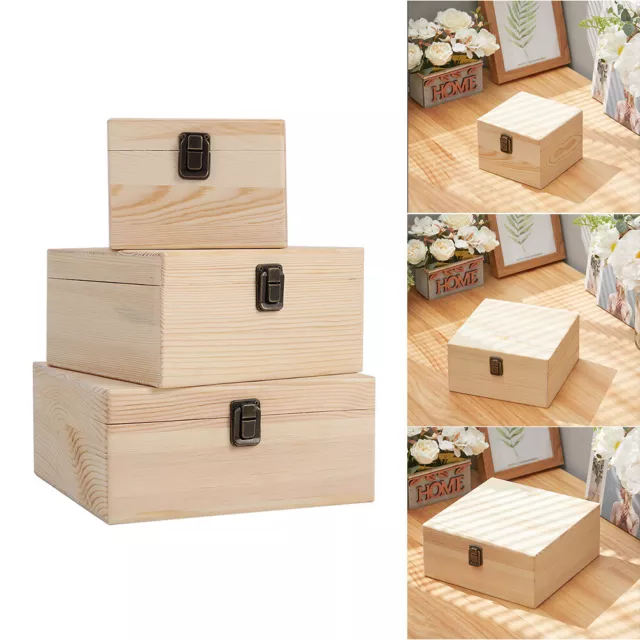 1/3PCS Plain Wood Wooden Square Hinged Storage Boxes Craft Gift Box 3 Sizes