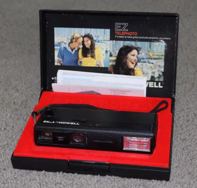 Cámara de película de colección Bell & Howell EZ teleobjetivo lente Lumina con manual y estuche PROBADO