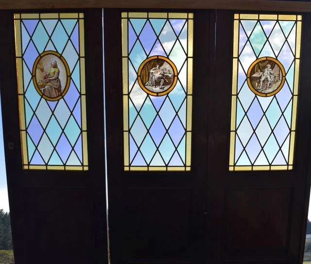 *Set of Three Pine Antique French Stained Glass Doors with Images of Paintings