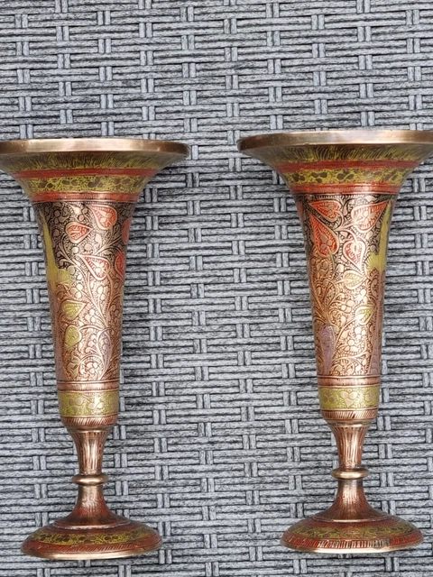 Matching Vintage  Brass Trumpet/ Vases Painted Etched India Made Boho Decor 22Cm
