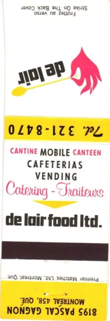 Montreal Quebec Canada De Lair Food Ltd., Catering Vintage Matchbook Cover