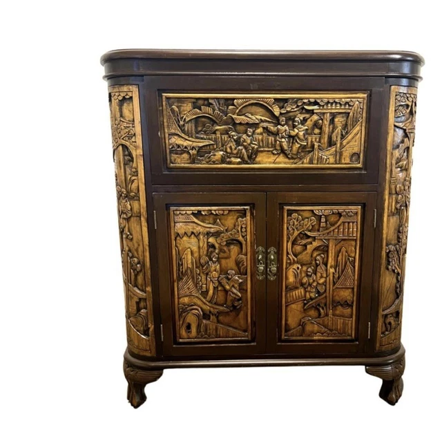 Antique Chinese Camphor Carved Wood Liquor Cabinet RARE