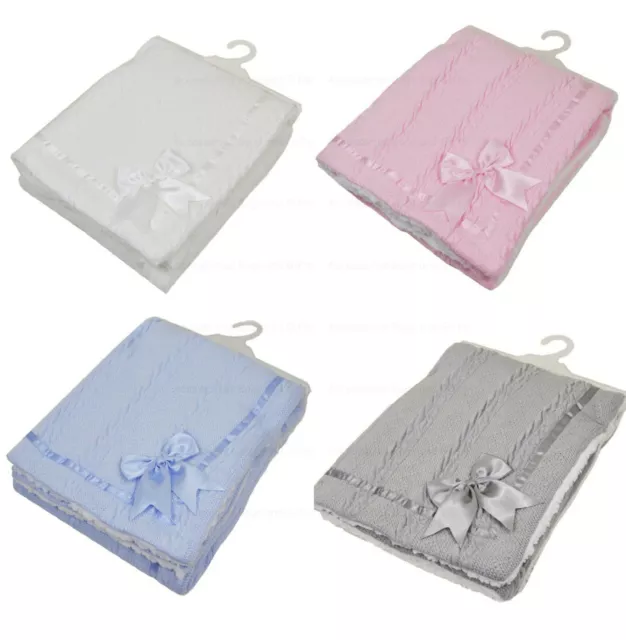 Baby Wrap Cheveron Cable Knit Bow Soft Sherpa Back Pram Blanket Soft Touch 7 Col