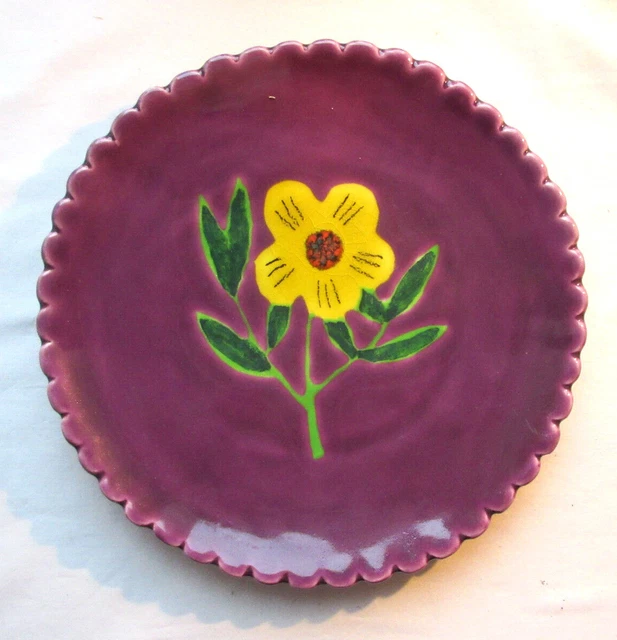 Ancienne Assiette Décorative Céramique – Motif Fleur Bleu Et Jaune, Style Rétro