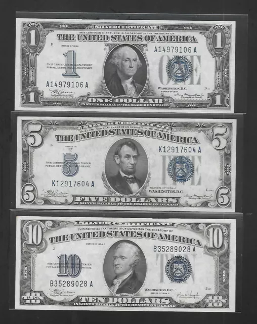 Set Of 1934 Silver Certificates $1, $5, $10..."Big Blue" Notes...superb