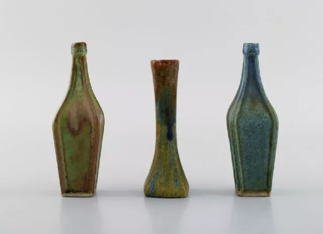 Three Belgian miniature vases in glazed ceramics. Mid-20th century.