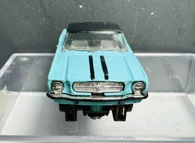 Vintage Ford Mustang Turquoise 1965 T-Jet Chassis Runs!Excellent Ho Slot Car!