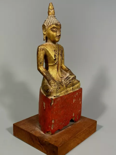 Burma Burmese Craved Polychrome Gilt Wood Buddha w/ Inscription dated ca. 19th c