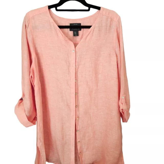 Tahari Women's Shirt Tunic Size 1X  100% Linen  Button Up Peach Pink