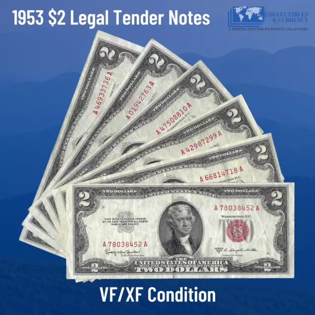 ✔ One 1953 Red Seal $2 Dollar Legal Tender Notes, VF/XF, OLD US Two Dollar Bill