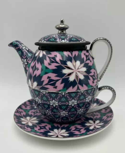 T2 Tea For One Porcelain Teapot, Cup Saucer - Purple Pink Navy Silver + Strainer