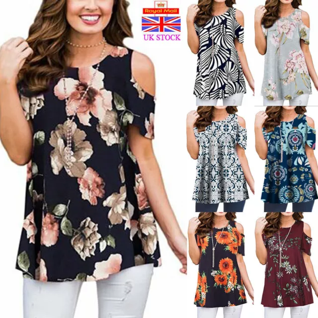Womens Cold Shoulder Floral Tunic Tops Ladies Summer Casual T-Shirt Blouse Size