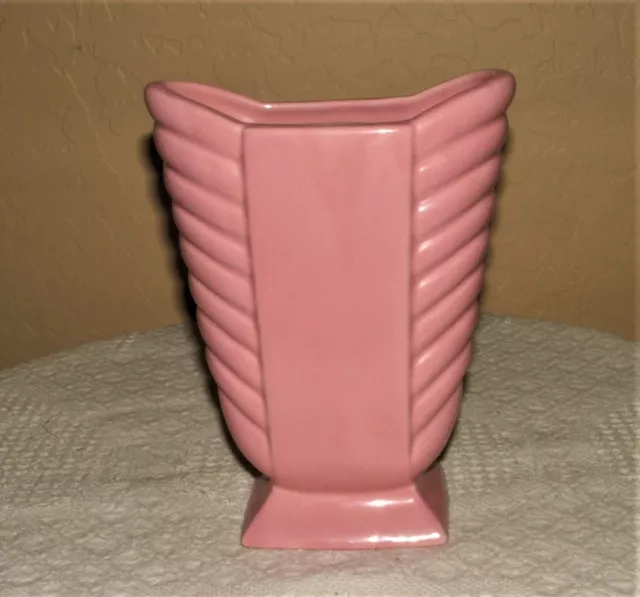 Vintage Pink Art Pottery Vase Mid Century USA 8 1/2"H X 6 1/8"W 2 3/4"D