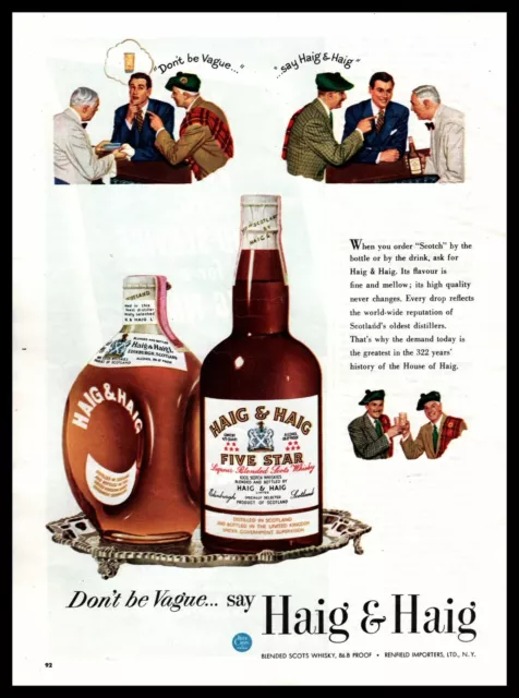 1949 Haig & Haig Scotch Whiskey "Don't Be Vague Say Haig & Haig" Print Ad