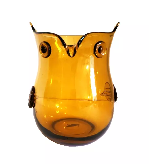 Pier 1 Large Amber Hand Blown Glass Owl Pitcher Vase 7.5" Tall.