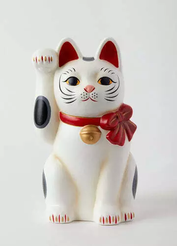 Japanese Hand Painted Lucky Cat SETO Maneki Neko White Red Ribbon Ceramic Gift