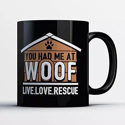 Dog Rescue Coffee Mug - Had Me At Woo - Funny 11 oz Black Ceramic Tea Cup - Cute