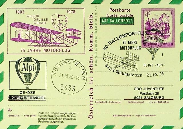 Österreich 1978 Pro Juventute Balloon Post Illustrated 4s Karte nach Salzburg