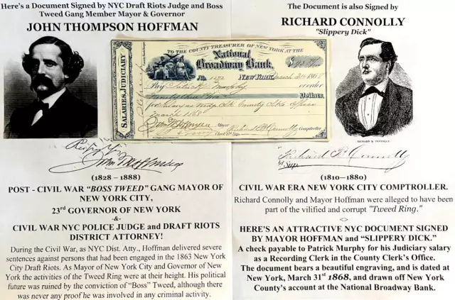 Civil War Draft Riots Judge Boss Tweed Gang Governor Ny Hoffman Document Signed!