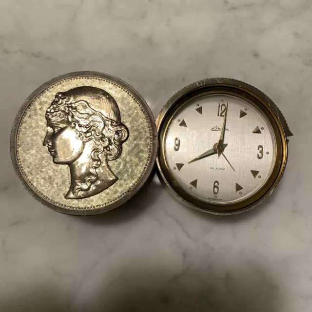 VTG Linden Travel Alarm Clock Wind Up Gold Roman Coin Design Germany Made