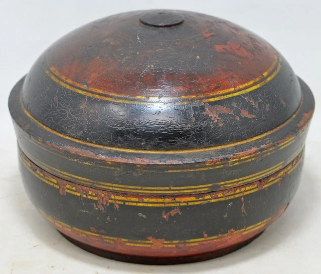 Ancien en Bois Rond Rangement Boîte Original Ancien Main Sculpté Laque Peints
