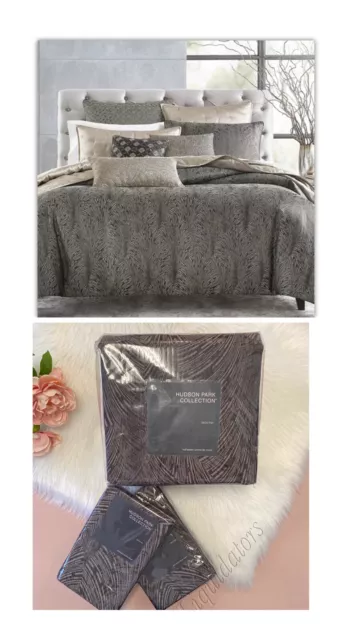 Hudson Park Collection Deco fan Full Queen Duvet & Shams Exclusive Black New!