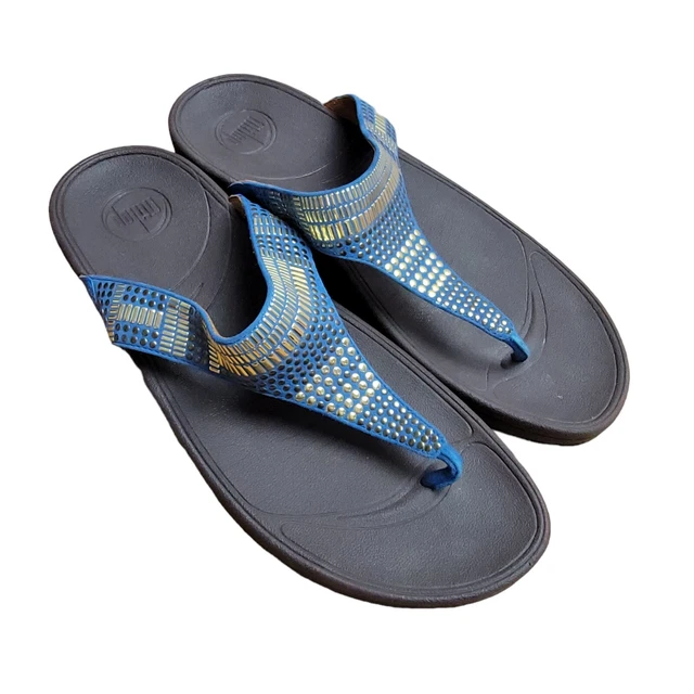 Fitflop Aztek Chada Womens Size 10 Blue Leather Gold Flip Flop Thong Sandals