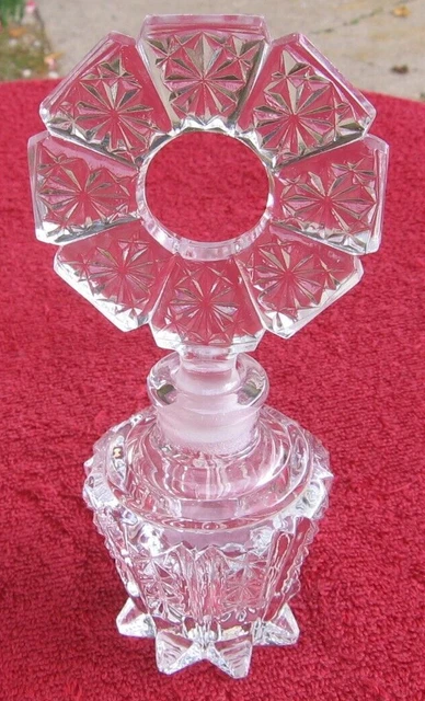 Vintage Cut Crystal Flower Glass with 8 Cubed Floral Stopper Perfume Bottle~d