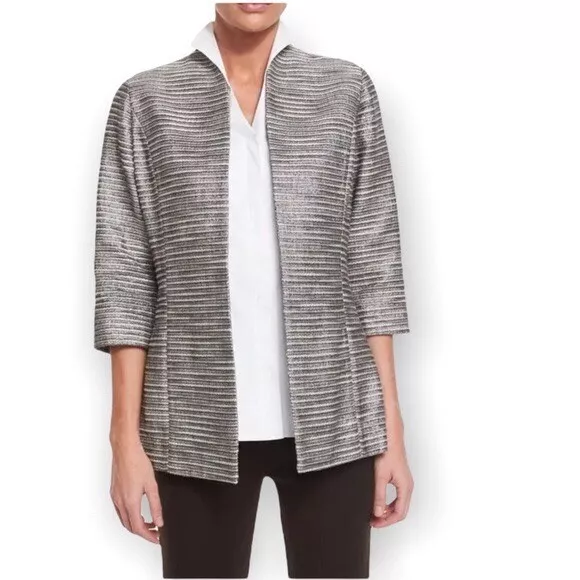 Misook Silver Linings Textured Metallic 3/4 Sleeve Open Blazer Jacket Sz XL New