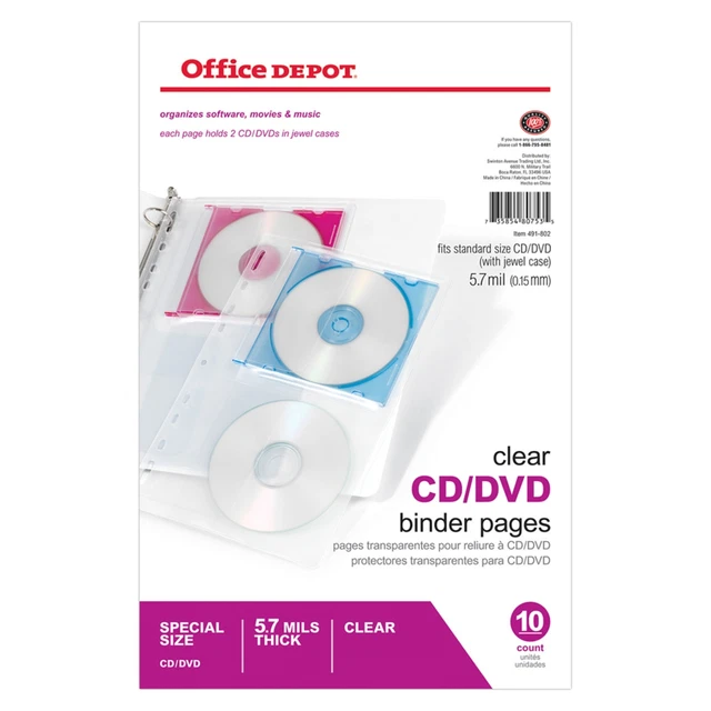 Office Depot Brand CD/DVD Binder Pages, 6" x 10 1/2", Clear, Pack Of 10