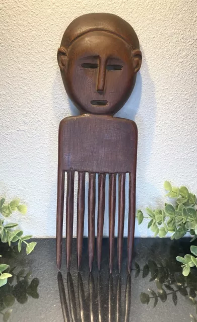 Vintage Hand Carved Mahogany Wood Afro Pick Comb Traditional African Tribal Mask