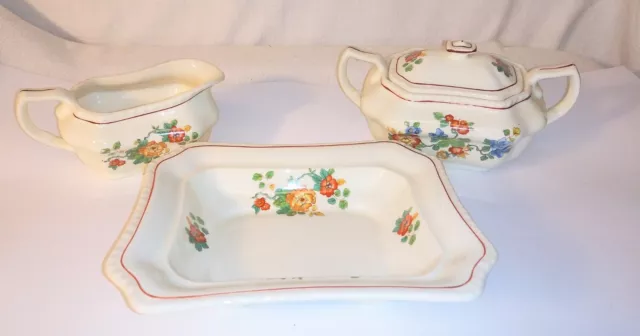 Vintage Steubenville Ivory/Floral Sugar Creamer & Bowl Red Yellow Flowers Green