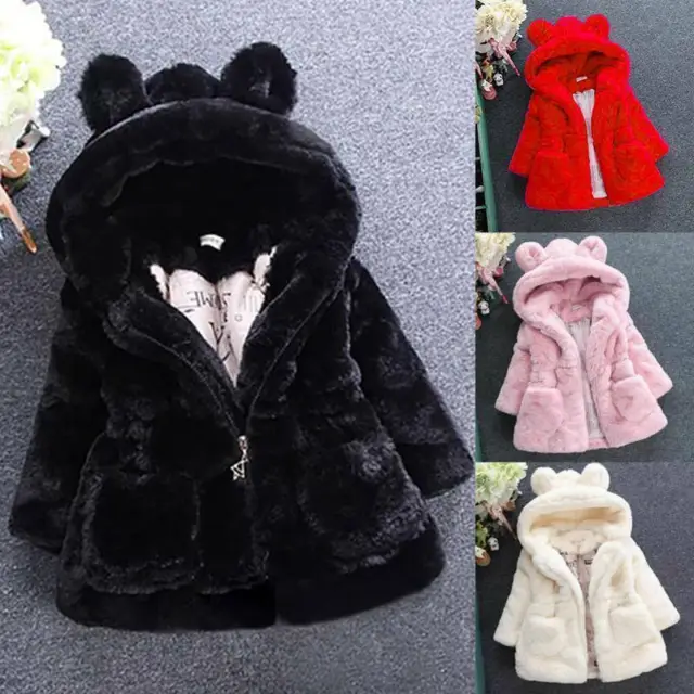 Winter Faux Fur Jacket Girls Fleece Bunny Ears Coat Kids Warm Hooded Outwear New