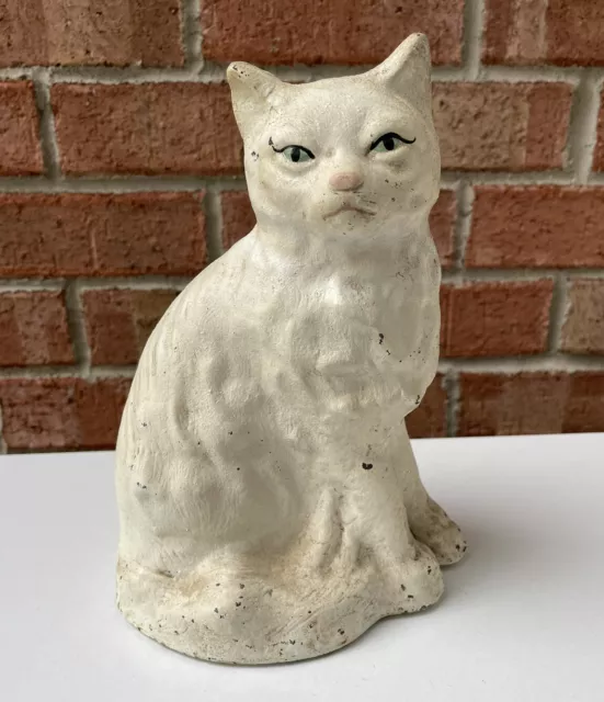 Vintage Original Creations Co #402 Cast Iron Sitting white Cat Doorstop 1930s