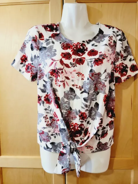 Kensie White Red Grey Rose Floral Print Faux Tie Front Top Size XS, Retail $69