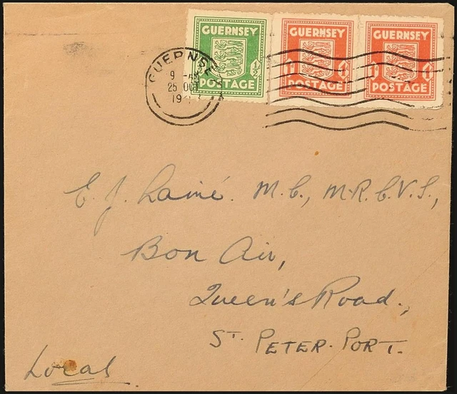 16468) Guernsey 1/2 Brief 1/2 d olivgrün 2x 1 d rot Masch-Stpl.