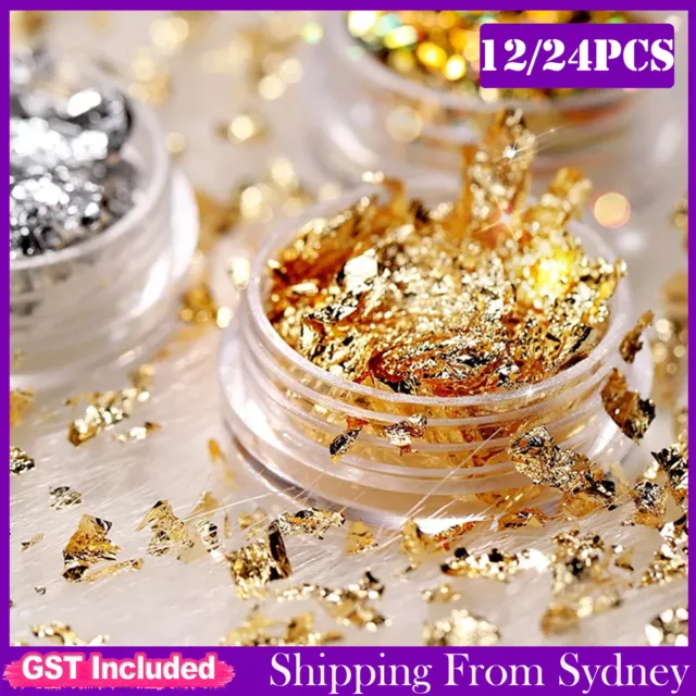 12-24PCS Gold Silver Foil Flakes Leaf Wrap Nail Art Acrylic Gel Polish Art Nail